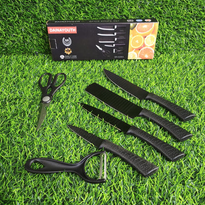 Set de Cuchillos de Cocina 6 Piezas Negro Mate con Tijera y Pelador