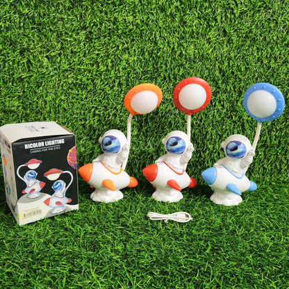Lámpara Astronauta Sobre Cohete Espacial – LED Recargable Con Cabezal Planeta Y Brazo Flexible Para Niños