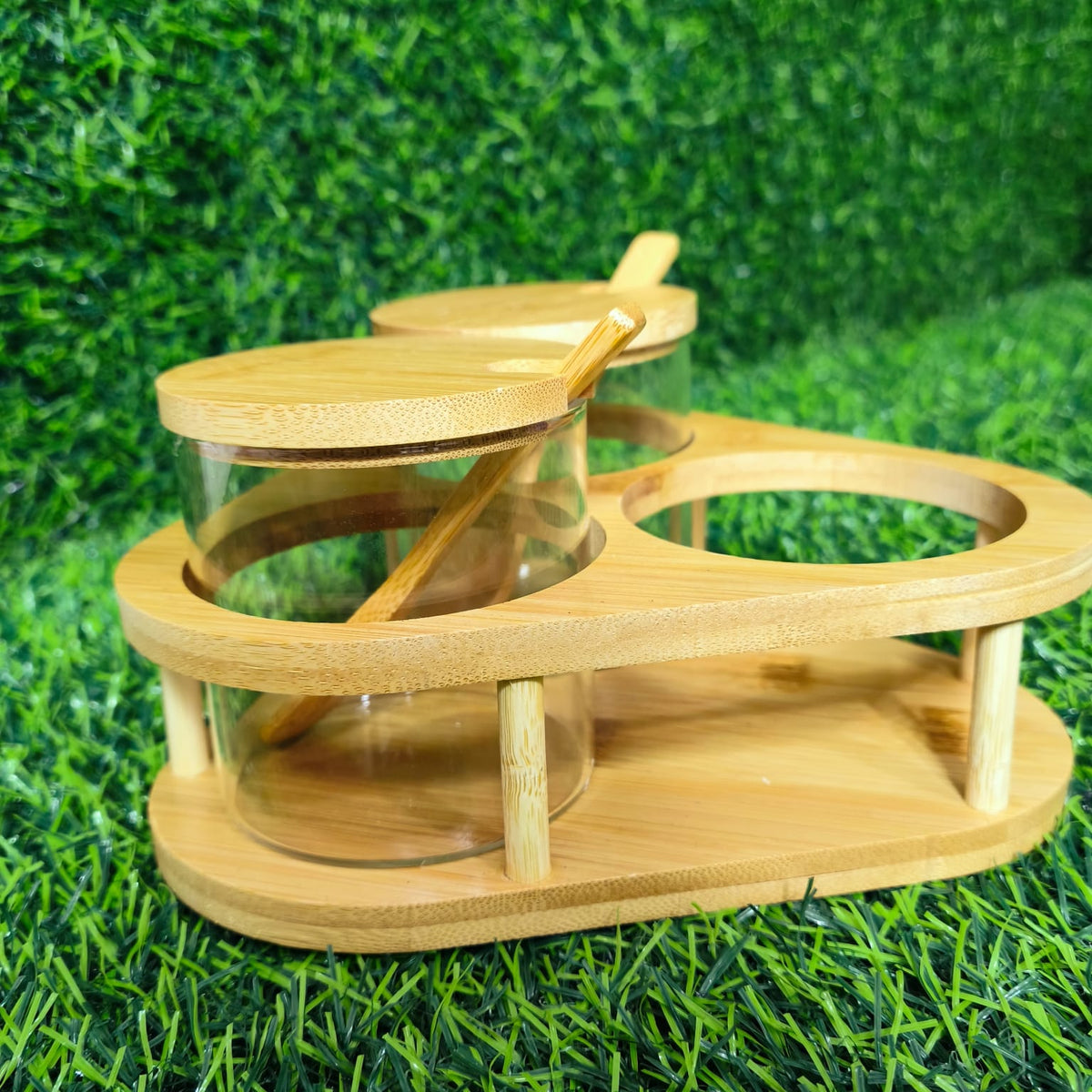 Set De 3 Frascos De Vidrio Con Base Y Cucharas De Bambú – Organizador De Especias Para Cocina