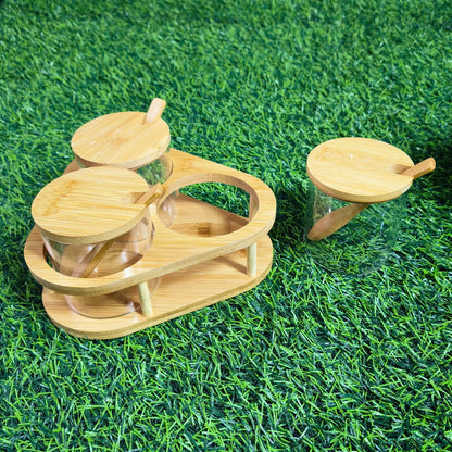 Set De 3 Frascos De Vidrio Con Base Y Cucharas De Bambú – Organizador De Especias Para Cocina