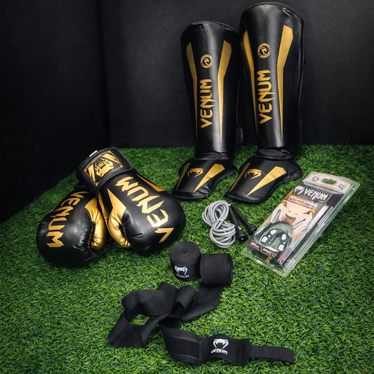 Combo Fighter Pack — Guantes Venum 14oz + Espinilleras + Vendas 5m + Bucal Predator + Cuerda | Equipo Completo de Pelea