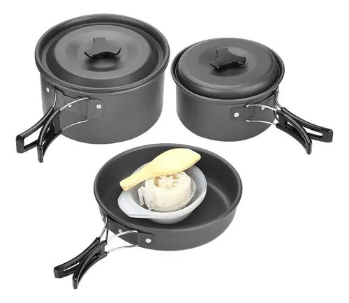 Set de Ollas para Camping 422 — Kit Compacto de Aluminio Anodizado | 2 Ollas + Sartén + Accesorios