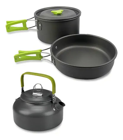 Set de Ollas para Camping — Kit de Cocina Portátil en Aluminio Anodizado | Olla + Tetera + Sartén + Accesorios