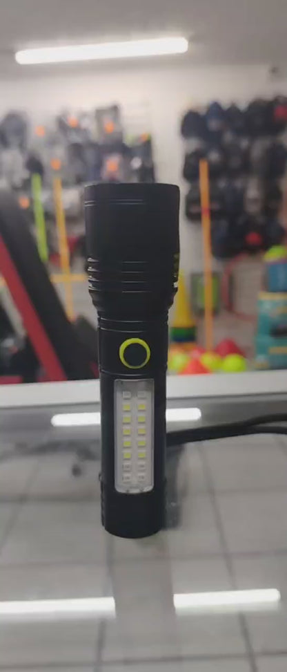 Linterna LED Recargable FA-537 Con Zoom Y Luz Lateral Roja Y Azul – 5 Modos Para Señalización De Emergencia