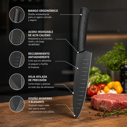 Set de Cuchillos de Cocina 6 Piezas Negro Mate con Tijera y Pelador