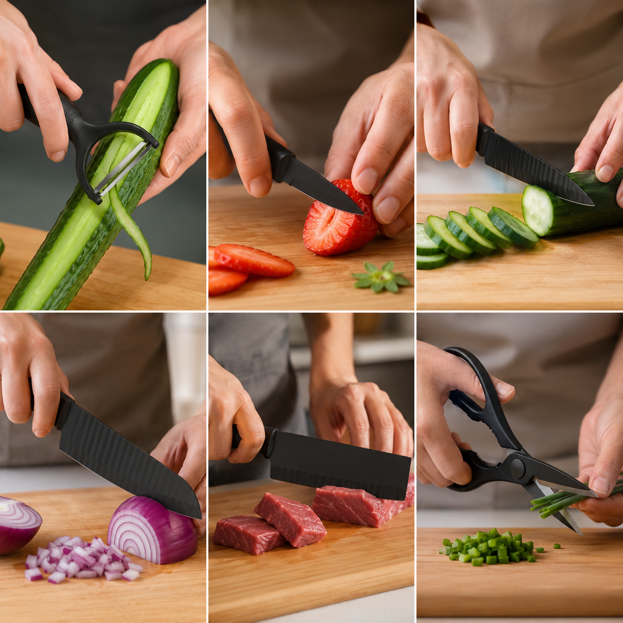 Set de Cuchillos de Cocina 6 Piezas Negro Mate con Tijera y Pelador