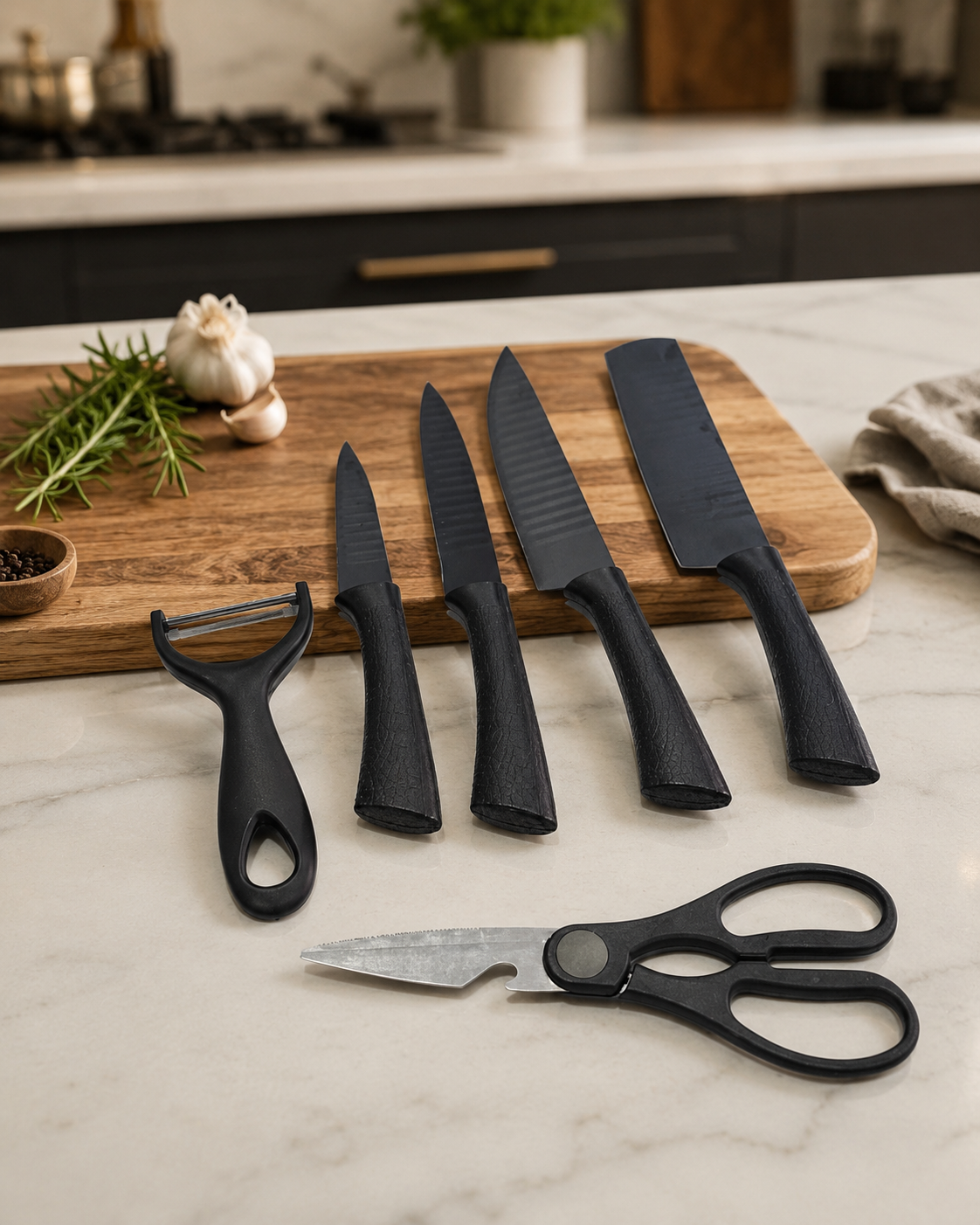 Set de Cuchillos de Cocina 6 Piezas Negro Mate con Tijera y Pelador