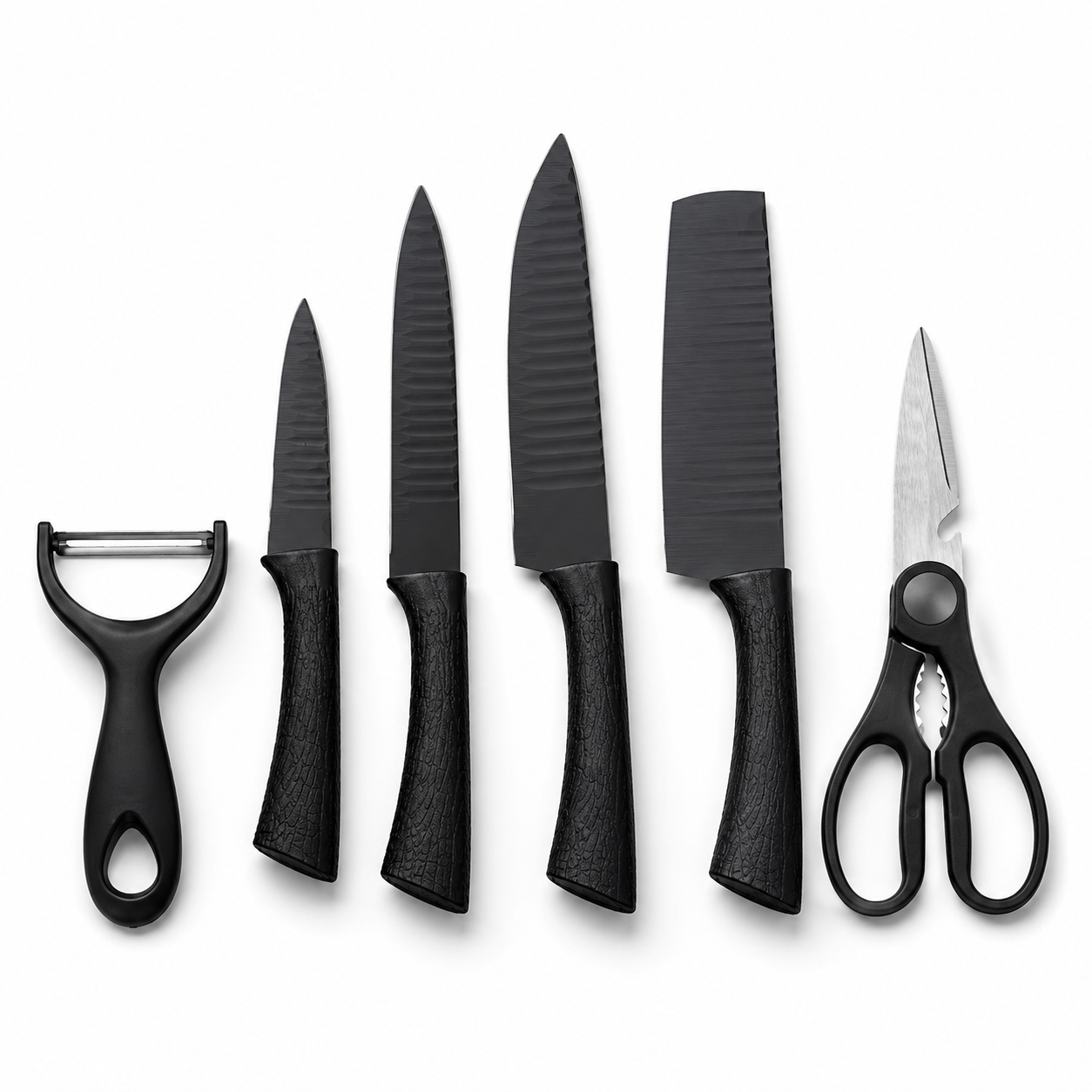 Set de Cuchillos de Cocina 6 Piezas Negro Mate con Tijera y Pelador