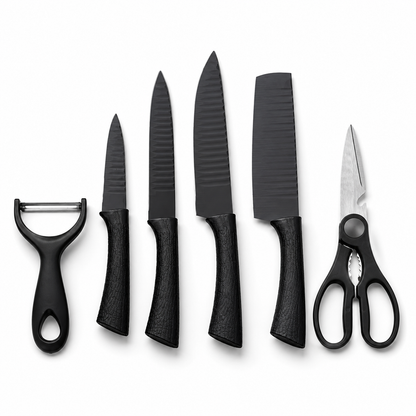 Set de Cuchillos de Cocina 6 Piezas Negro Mate con Tijera y Pelador