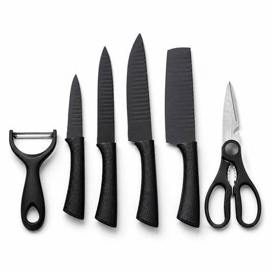 Set de Cuchillos de Cocina 6 Piezas Negro Mate con Tijera y Pelador