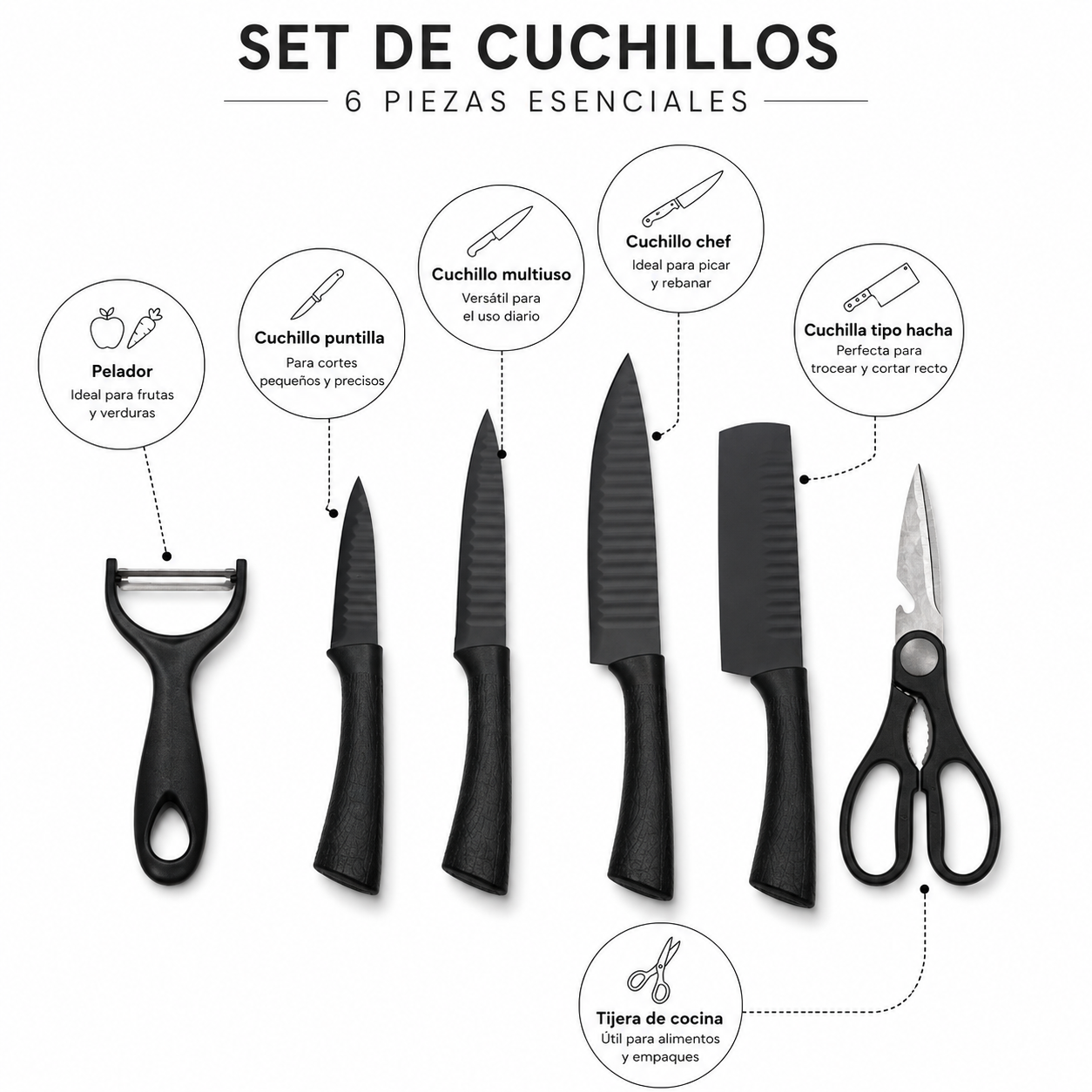 Set de Cuchillos de Cocina 6 Piezas Negro Mate con Tijera y Pelador