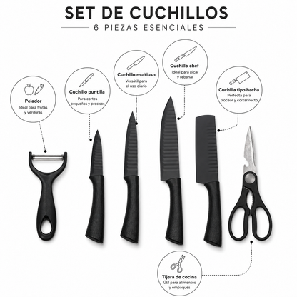 Set de Cuchillos de Cocina 6 Piezas Negro Mate con Tijera y Pelador