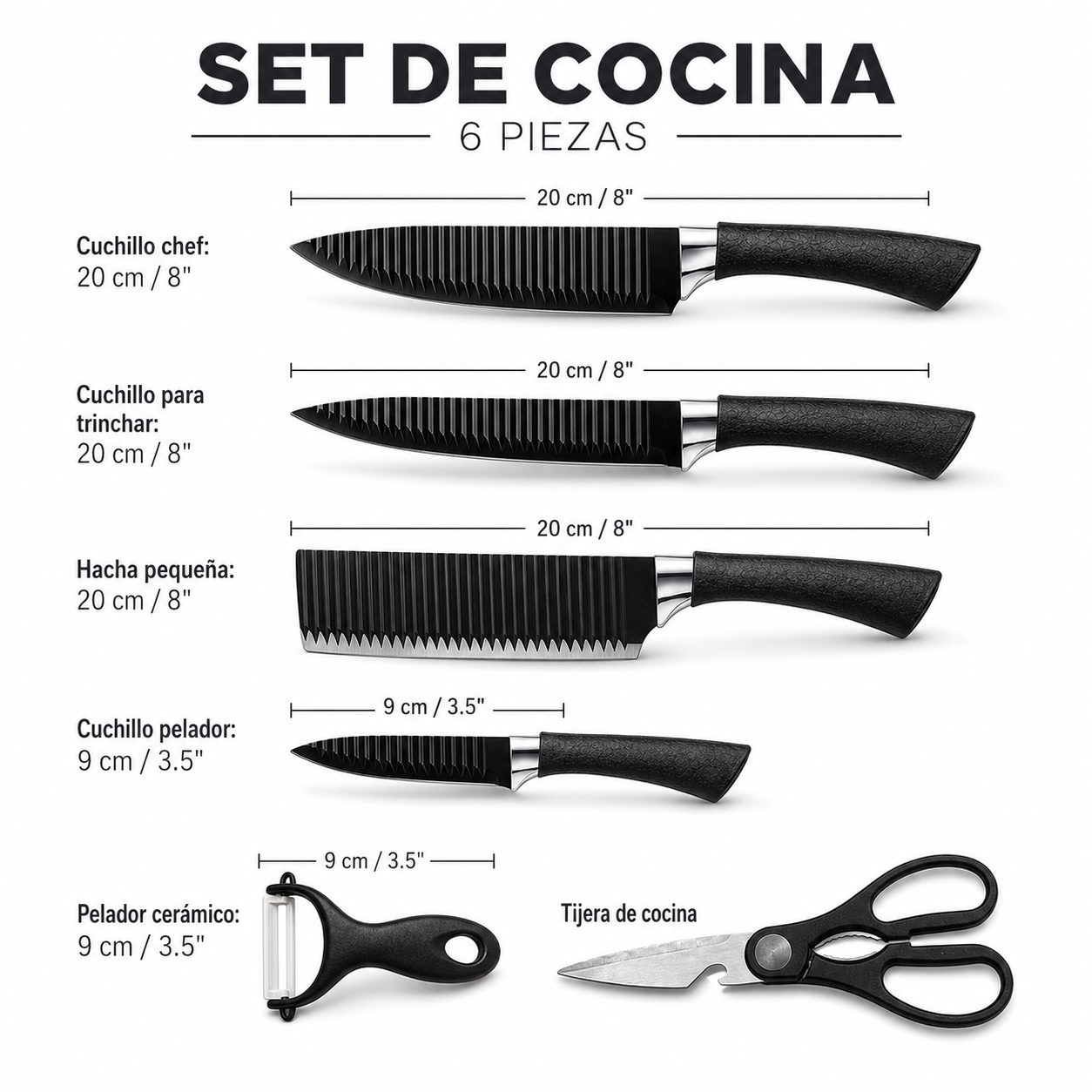 Set de Cuchillos de Cocina 6 Piezas Negro Mate con Tijera y Pelador