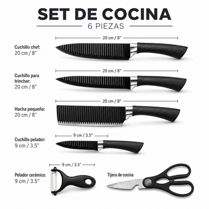 Set de Cuchillos de Cocina 6 Piezas Negro Mate con Tijera y Pelador