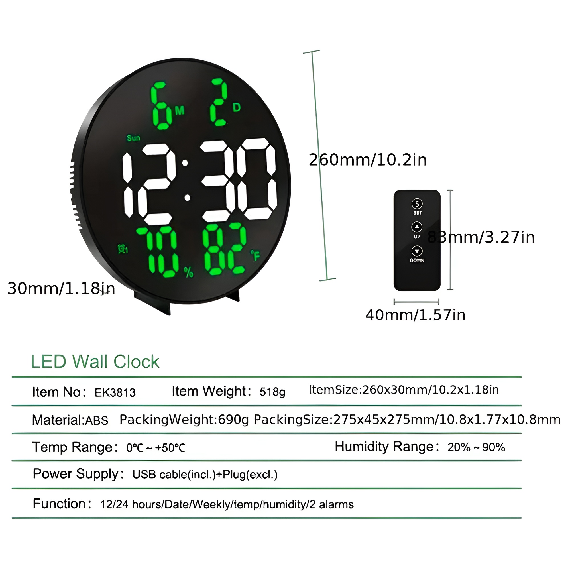 Reloj de pared Digital LED grande con temperatura, humedad, fecha